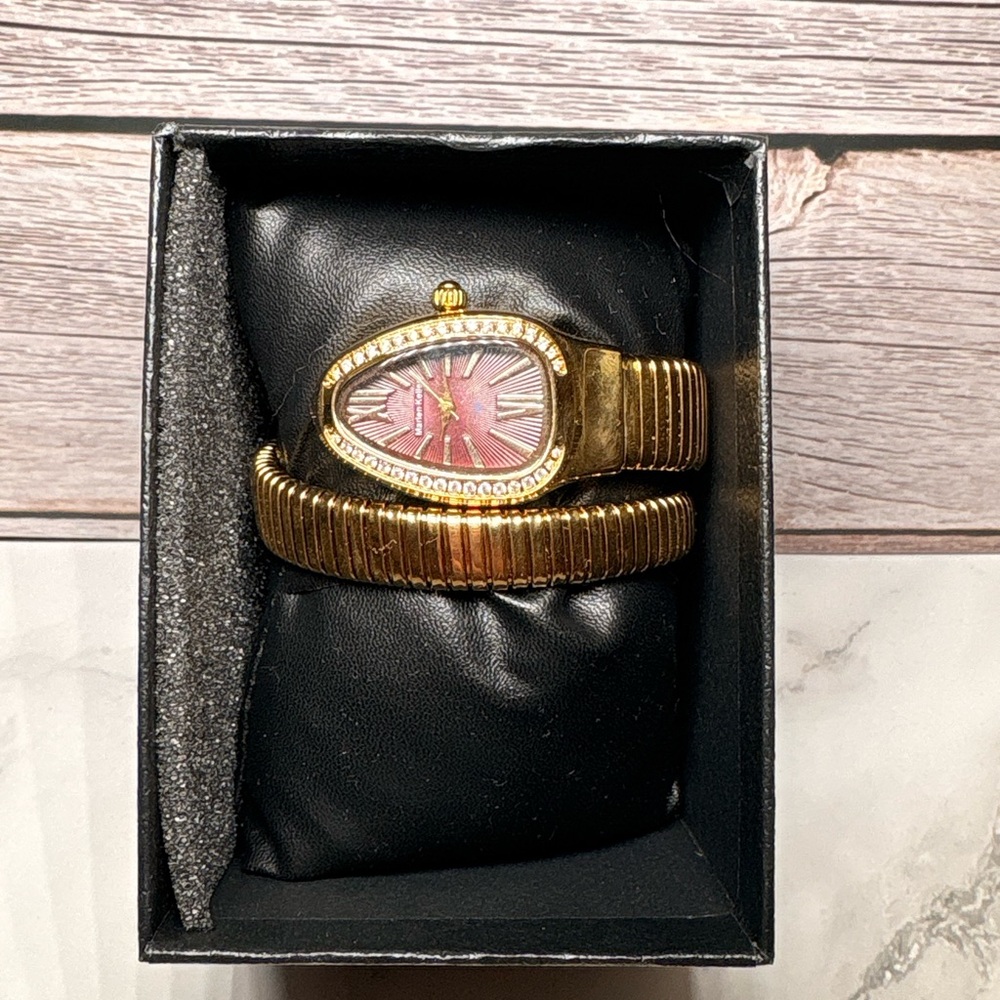 Gold and Brown Wrap Around Watch with Rhinestone Accents